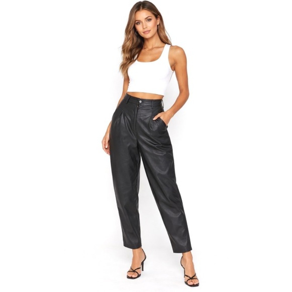 Zara Black Faux Leather High Waisted Tapered Pants 12 Western Yoke‎ Goth 69-07